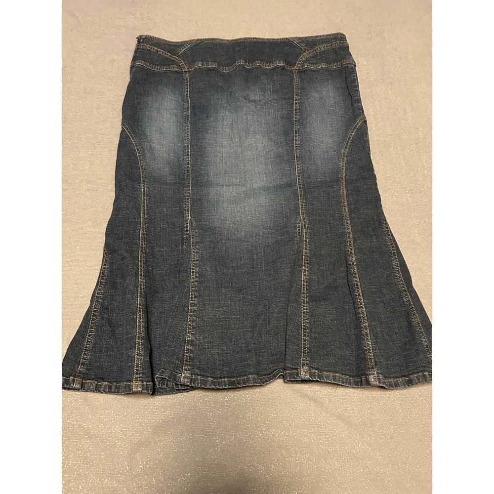 W Denim Skirt Womens 14 Dark Wash Paneled Mermaid Flare Midi Stretch Side Zip